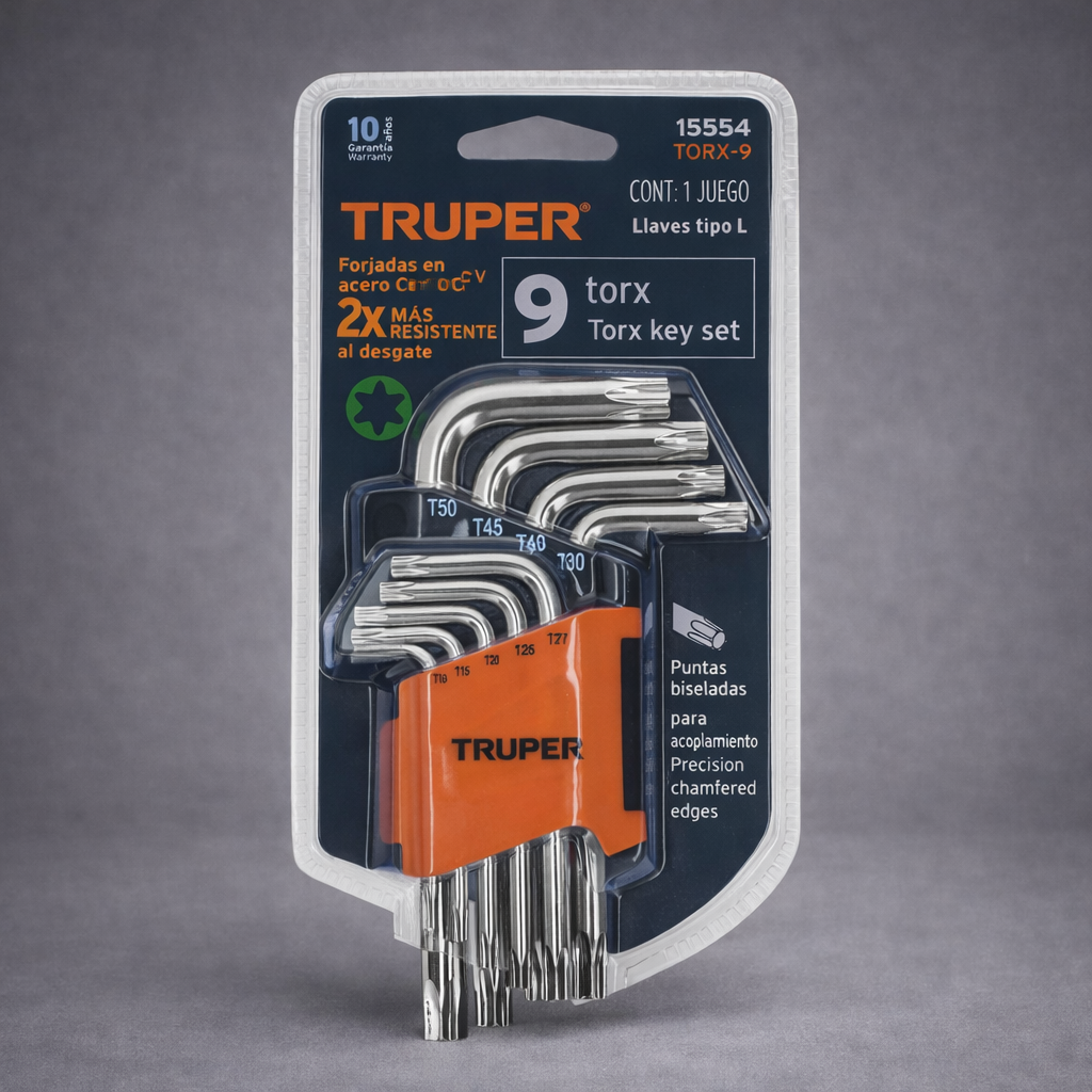 Juego de 9 llaves torx con organizador abatible, TRUPER