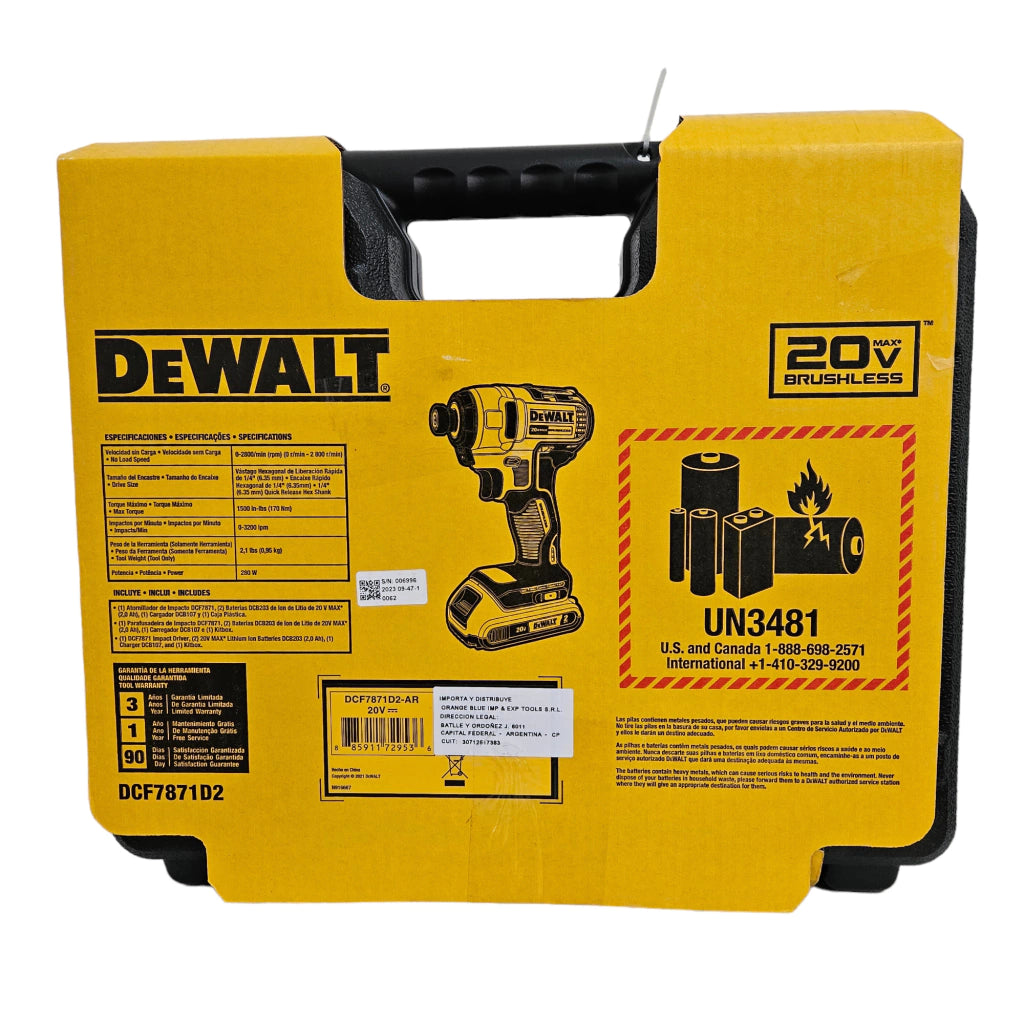 Kit Atornillador Impacto DEWALT 1/4" 20V DCF7871D2